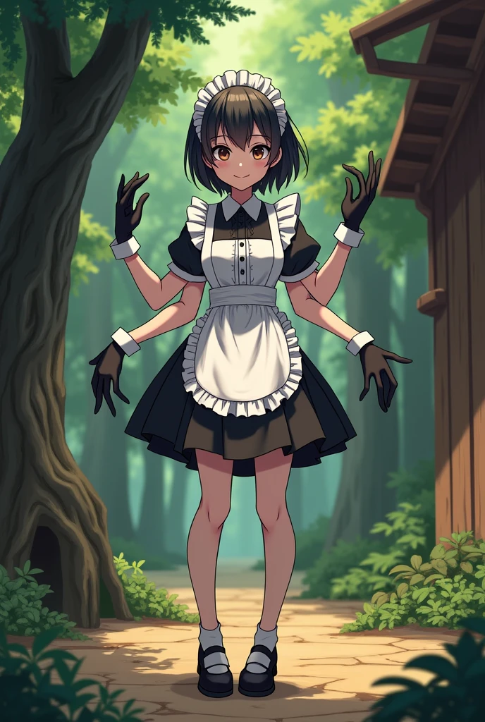 anime girl(Drawing style:"Skull girls"),short black hair,traditional maid outfit,three pairs of arms(the first pair being the normal arms,the second pair being by the ribs and the third pair a little above the hip),eyes dulled by black color,friendly smile,black gloves on each hand(in her 6 hands),normal breasts,hips a little wide,moderate backside.[localization:wooden cabin in the woods]