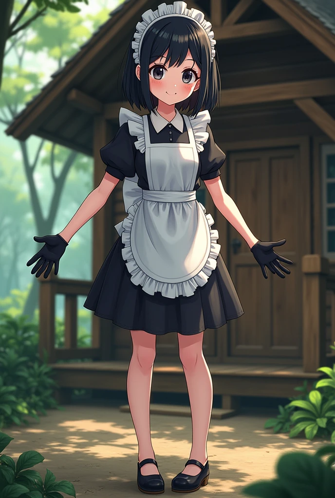 anime girl(Drawing style:"Skull girls"),short black hair,traditional maid outfit,three pairs of arms(the first pair being the normal arms,the second pair being by the ribs and the third pair a little above the hip),eyes dulled by black color,friendly smile,black gloves on each hand(in her 6 hands),normal breasts,hips a little wide,moderate backside.[localization:wooden cabin in the woods]