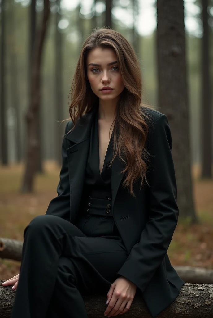 long light brown hair, beautiful Slavic woman with white skin and light transparent eyes, long hair, dressed in a black stylish suit, sits in a spruce forest on felled trees, early morning, the courtyard of a rural house, the sun's rays and glare fall on her coldly smiling face., enhancing the depth and mystery. Captured in a studio with a Nikon Z7 and a 50mm f/1.8 lens, the image focuses on the interplay of light and shadow with a melancholic and dreamy atmosphere., (((dynamic model pose))), full body, mesmerizing, dynamic, dramatic, dynamic pose, highly detailed skin with hair, subcutaneous veins, light and shadow play, highly detailed,24mm photograph, bokeh, professional, 4k,