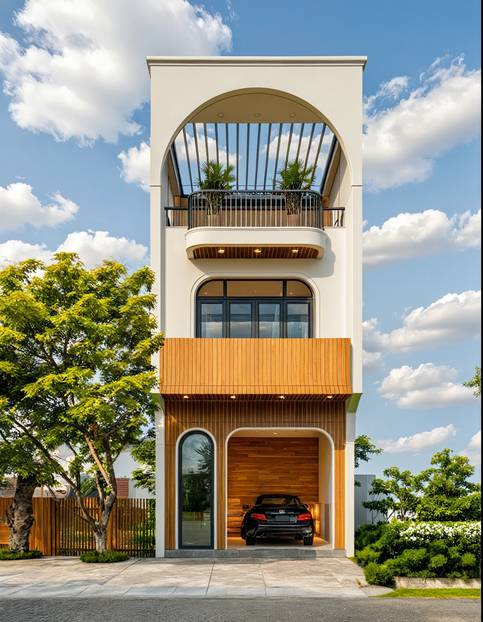 Masterpiece, high quality, best quality, authentic, super detailed, outdoor, 3 story townhouse, aiaigroup, modern house style on the street, curve house style, stairs, white wall, road, sidewalk, grass, trees, sky, clouds, (daylight: 1.1),((wooden slat wall)),onestoreyvillaXL,rolling door gara,((Open roof))