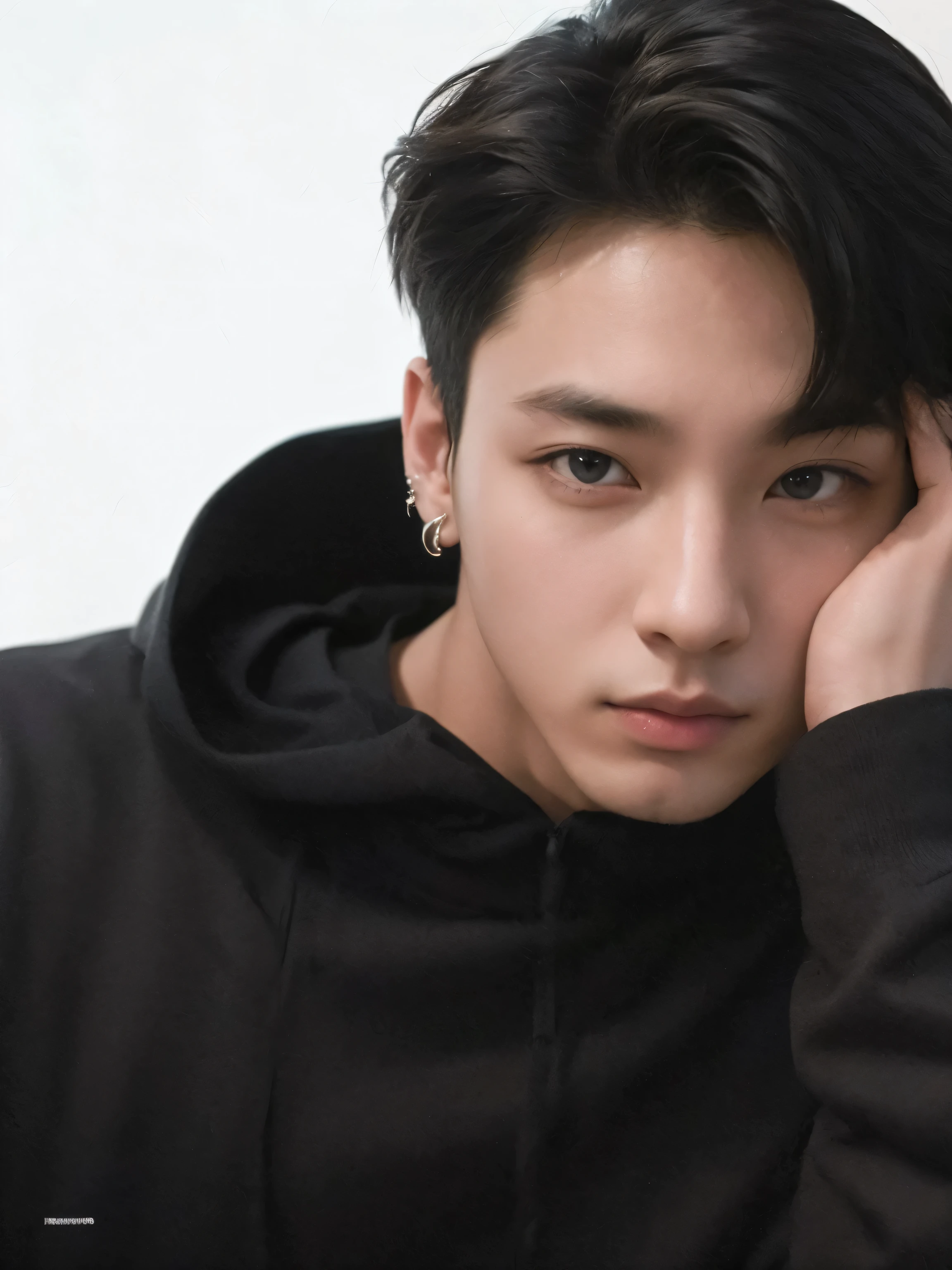 Arafed Asian man wearing black hoodie and piercings., jungkook, JK, jungkook jeon, black fur, Best Quality, 4k, excellent quality