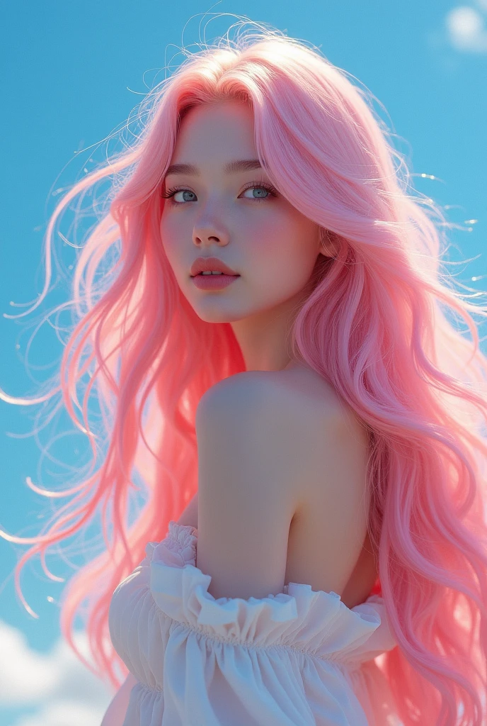 create a imaige a beautifull gril has long pink hair and blue sky