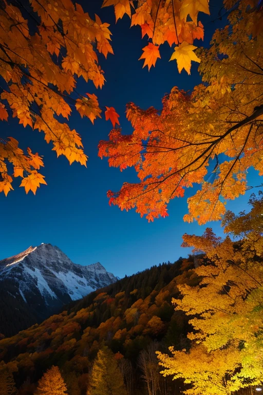 Mountain、autumn leaves、night