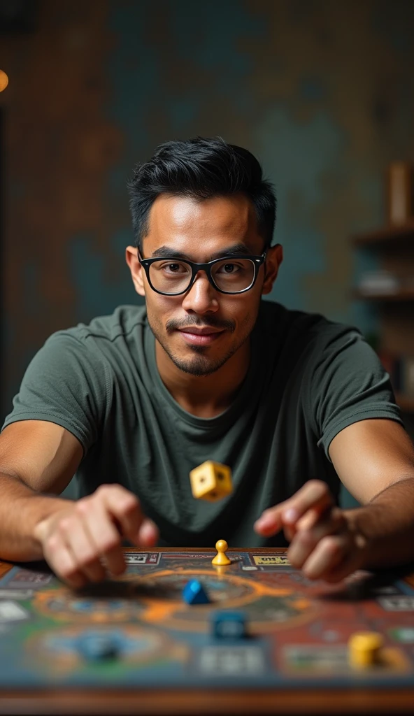 photorealistic, best quality, masterpiece, extremely detailed, front view, extremely handsome, 30 year old indonesian man, muscular build, no facial hair, small glasses, wearing nerdy tshirt, hopeful expression, throws dice with one hand, warhammer miniatures mid-game on the table, extremely romantic atmosphere, perfect face, perfect fingers, perfect hands, perfection