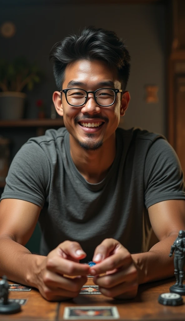 photorealistic, best quality, masterpiece, extremely detailed, front view, extremely handsome, 30 year old indonesian man, muscular build, no facial hair, small glasses, wearing nerdy tshirt, hopeful expression, throws dice with one hand, warhammer miniatures mid-game on the table, extremely romantic atmosphere, perfect face, perfect fingers, perfect hands, perfection