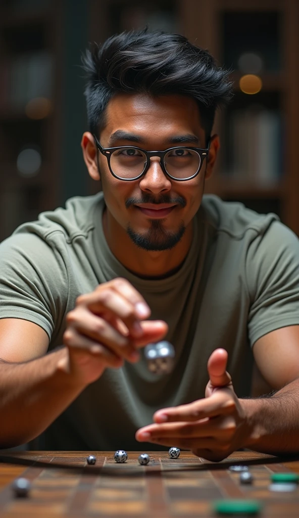 photorealistic, best quality, masterpiece, extremely detailed, front view, extremely handsome, 30 year old indonesian man, muscular build, no facial hair, small glasses, wearing nerdy tshirt, hopeful expression, throws dice with one hand, warhammer miniatures mid-game on the table, extremely romantic atmosphere, perfect face, perfect fingers, perfect hands, perfection