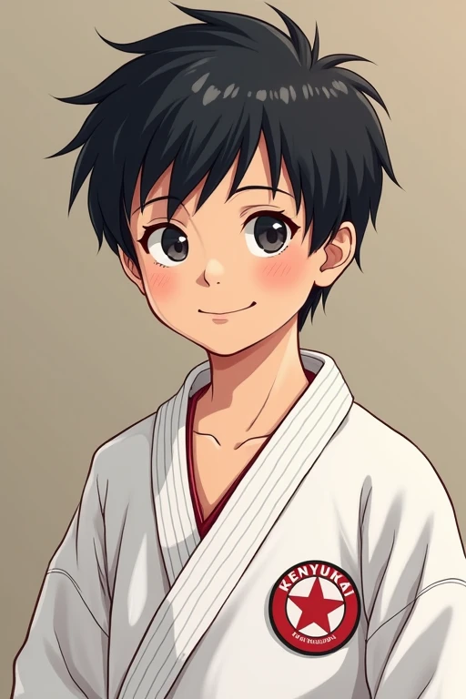 A 10-year-old's karate uniform bears the logo of Kenyukai, a smile on their face., Black Hair, Concentrated line, Ukiyo-e,