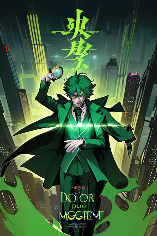 (good quality, movie poster style), "Movie Title: «Doctor Green Magician with a Coat», «doctor, system, city». Our hero is a human: 1,2). Perfect color combination.
