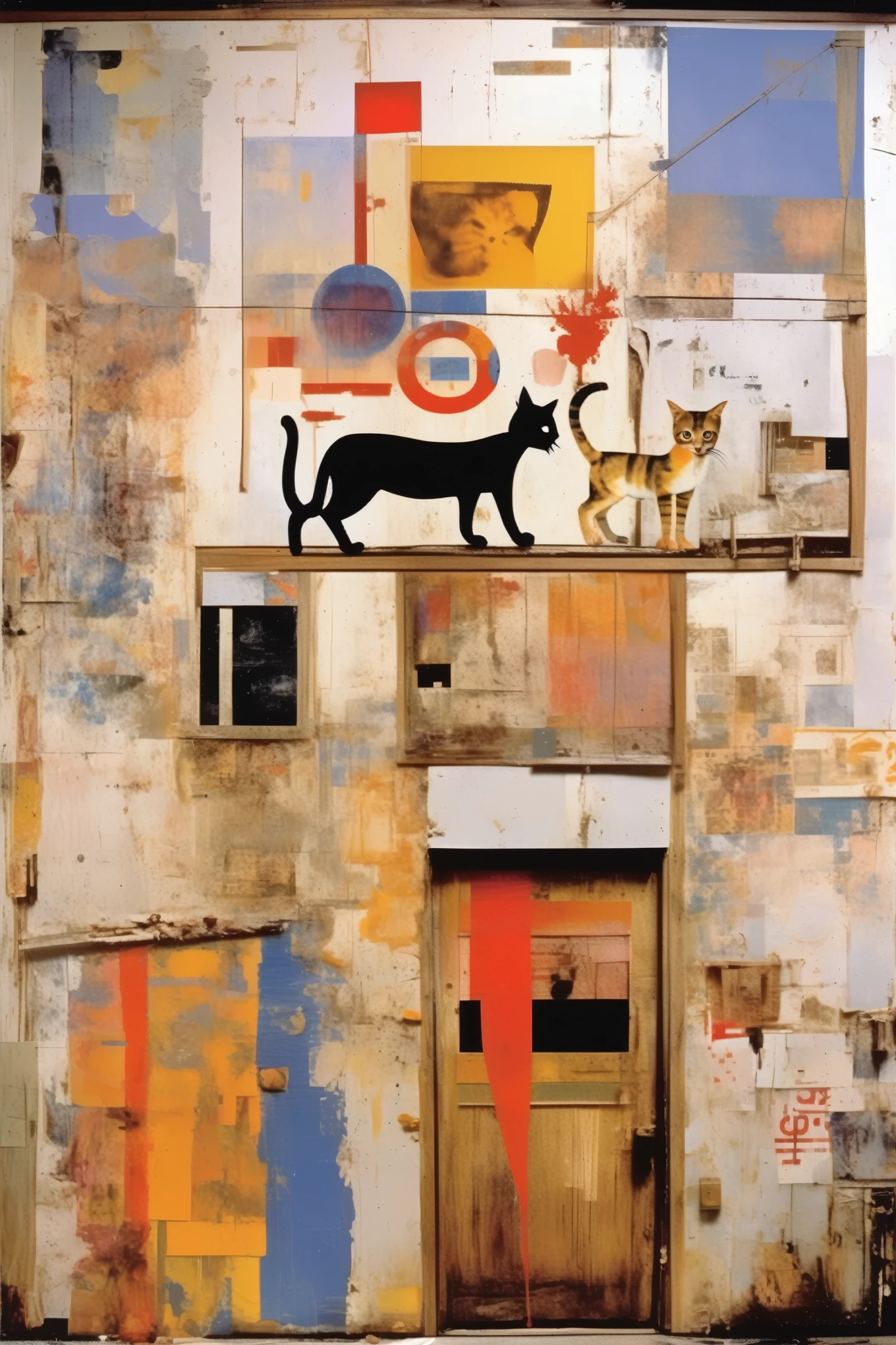 Robert Rauschenberg style - Robert Rauschenberg was here, a painting painted on the wall of the facade of a house with some dilapidated areas, it depicts cats and mice and colors and abstract symbols, The style is inspired by modernism、Emphasis on the cat。