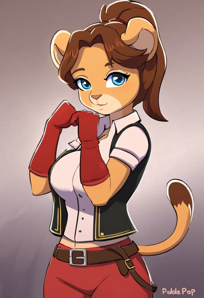 Leena from Paddle Pop Begins cartoon, furry, Leena is young lioness, brown short haircut with two pigtails at the face with a short ponytail on the back of the head, wears a white shirt with details in the collared with a red unbuttoned vest with short sleeves, red gloves, red pants, brown belt in style feline and boots red with details, extremely beautiful face, athletic body, ???????????, gentle look, hot, standing in the fighting stance 