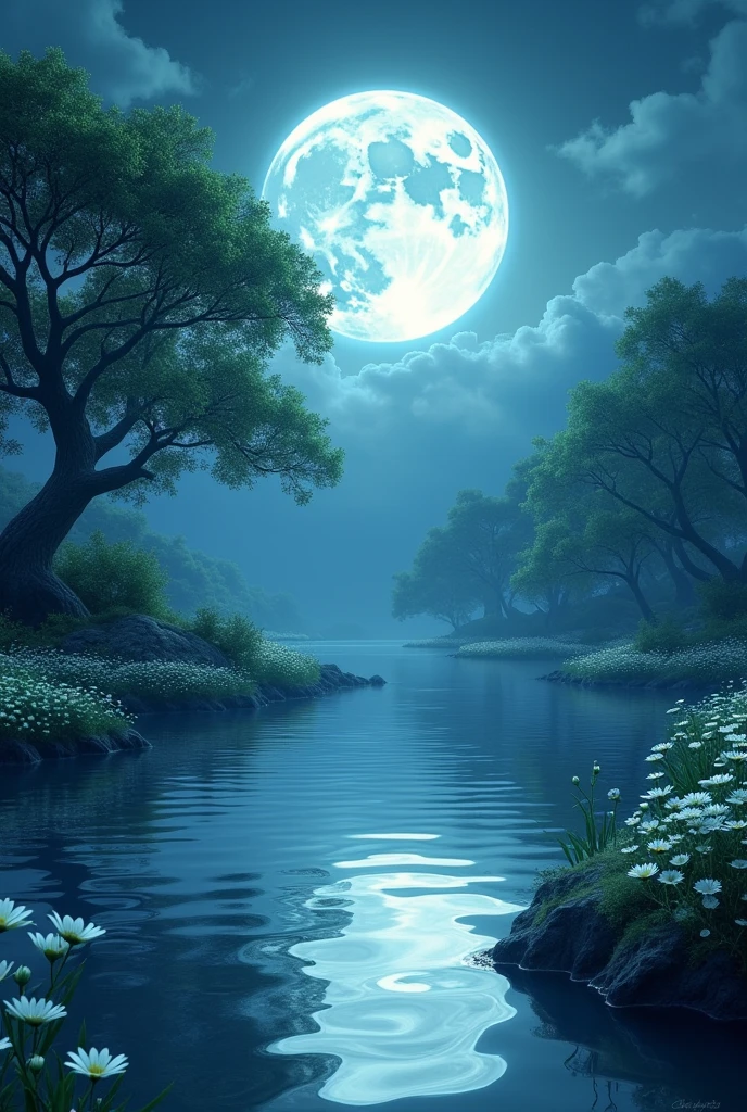 
A full moon, large and prominent in the sky, with water flowing in front of it, creating a nighttime scene.Greeno tree  and beautiful white flowers are reaching out in front of the moon.