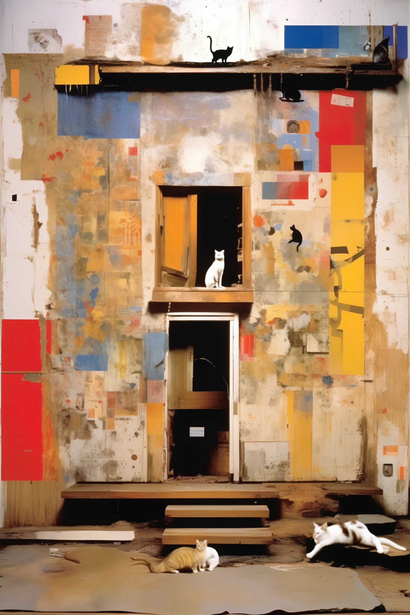 Robert Rauschenberg style - Robert Rauschenberg was here, a painting painted on the wall of the facade of a house with some dilapidated areas, it depicts cats and mice and colors and abstract symbols, The style is inspired by modernism、Please highlight the cat sitting in front of the door.。