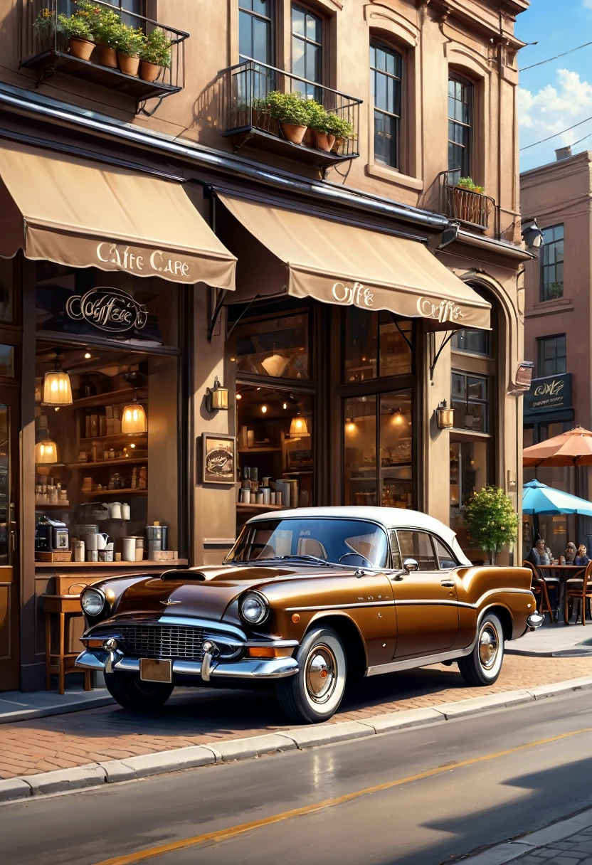 ( perfect anatomy )masterpiece, Exquisite, delicate, fresh and elegant aesthetic style airbrush digital oil painting exquisite artwork creates a refreshing morning coffee shop scene photo,
Brown classic car(Unique style)特寫Brown classic car( perfect anatomy ) Elegantly parked on the street next to a coffee shop.coffee shop scene masterpiece,
Very detailed, Realistic original photos, Best film quality, Extremely fine texture, High-quality work by a master artist