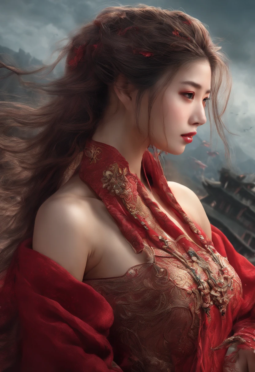 Ace，4K，A high resolution，tmasterpiece，best qualtiy，Head：1.3，（Korean K-pop idol），Fine fine skin，tack sharp focus，（Cinema lights），鎖骨，Morning，softlighting，dynamic angle，[：（详细的脸:1.2):0.2], Underarm wrinkles, Thigh crevices, Red evening dress, Slim, middlebreast, cleavage, full bodyesbian,Back view、wearing see trough dress