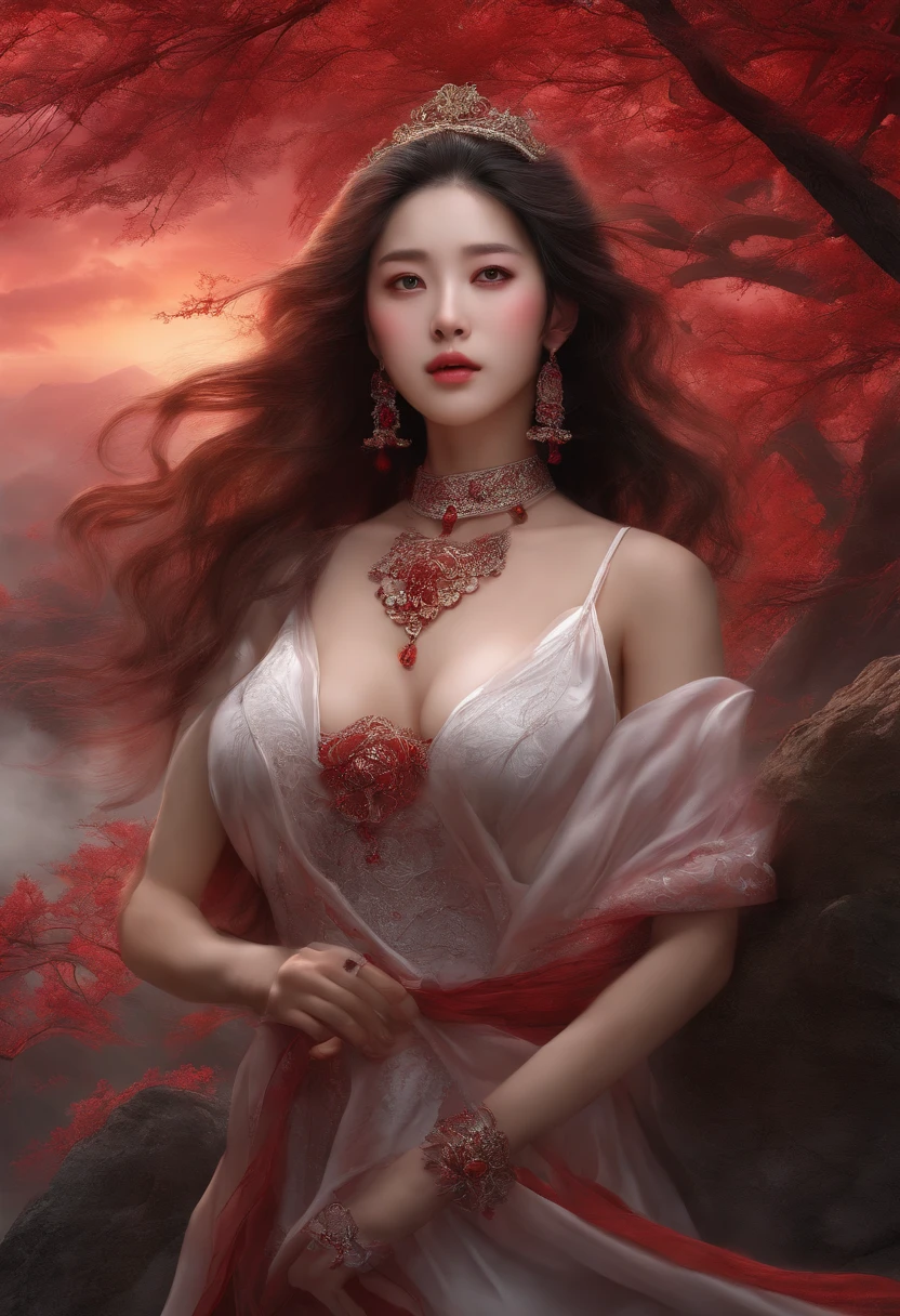 best quality,masterpiece,Ultra-high resolution,(truthfully:4:0),crimson sky,Rock,Chinese female ghost,Long flowing hair,Large Breasts,wearing red, amazing, Off-shoulder dress,graceful steps,long sharp claws.,red mist billowing