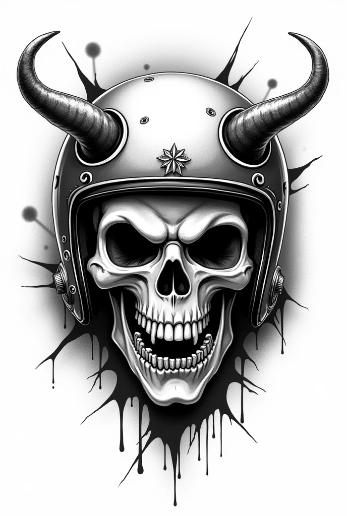 Silly Angry evil Skull in a racing helmet logo, with devil horn, traditional tattoo style, black and white, white background, ????????, deathwish, ornemenr