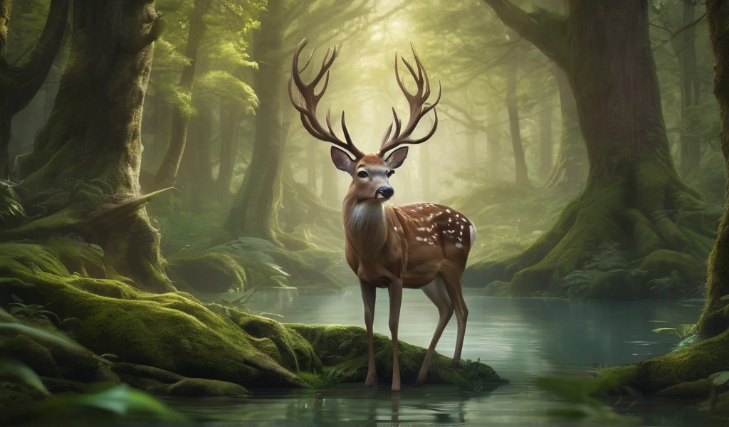 there is a deer standing in the middle of a forest, realistic fantasy render, realistic fantasy illustration, anthropomorphic deer, an anthropomorphic deer, hd art, beautiful digital artwork, beautiful digital painting, 8k high quality detailed art, 4k highly detailed digital art, amazing depth, portrait of forest gog, digital painting highly detailed