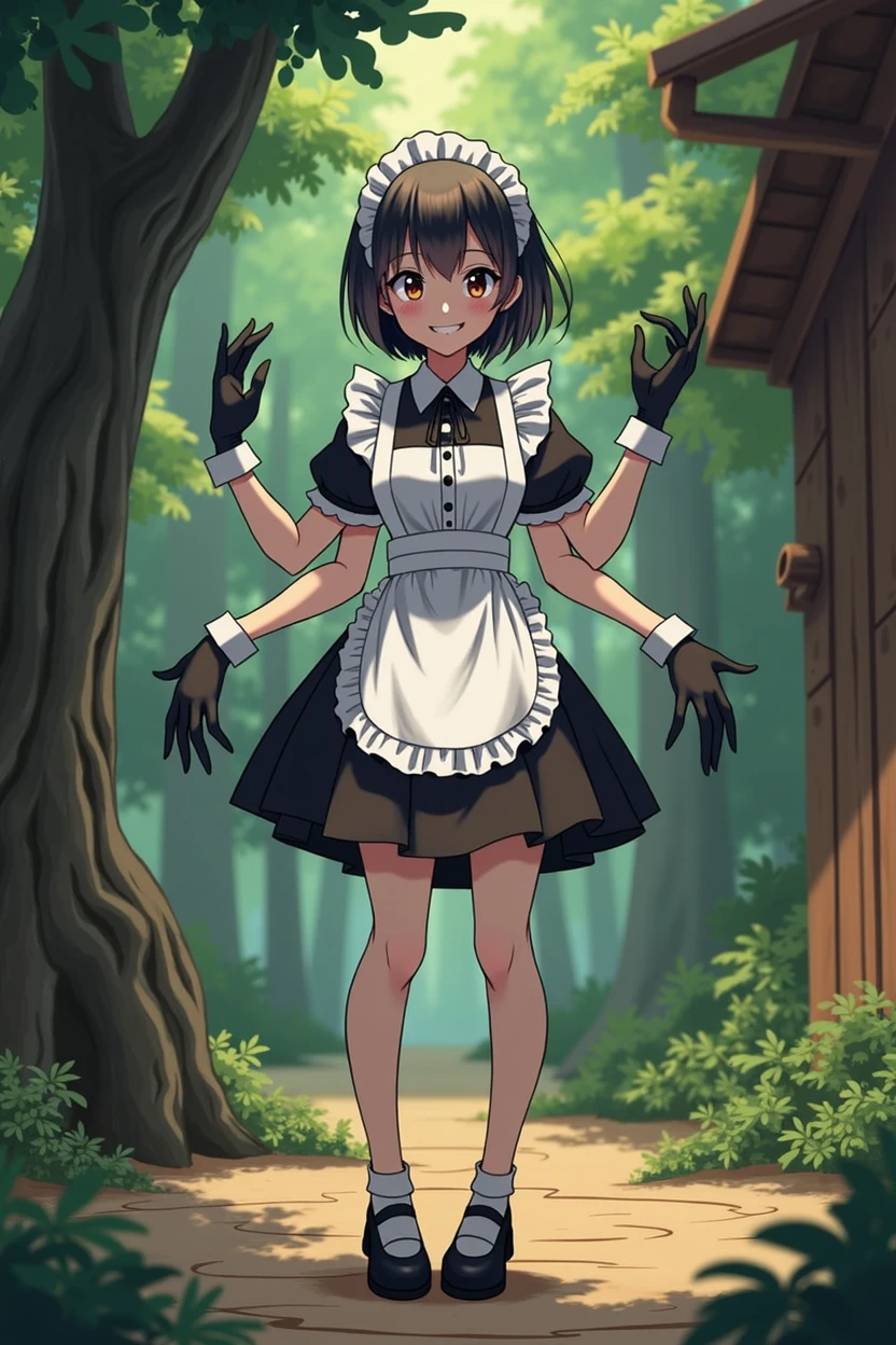 anime girl(Drawing style:"Skull girls"),short black hair,traditional maid outfit,three pairs of arms(the first pair being the normal arms,the second pair being by the ribs and the third pair a little above the hip),eyes dulled by black color,friendly smile,black gloves on each hand(in her 6 hands),normal breasts,hips a little wide,moderate backside.[localization:wooden cabin in the woods]