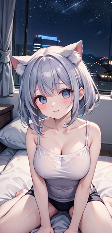 （Cute older sister:1.3）、((Very detailed))、night、Bedroom、On the bed、、Going to bed、Shining night sky、((1 person)),,White camisole、Large Breasts