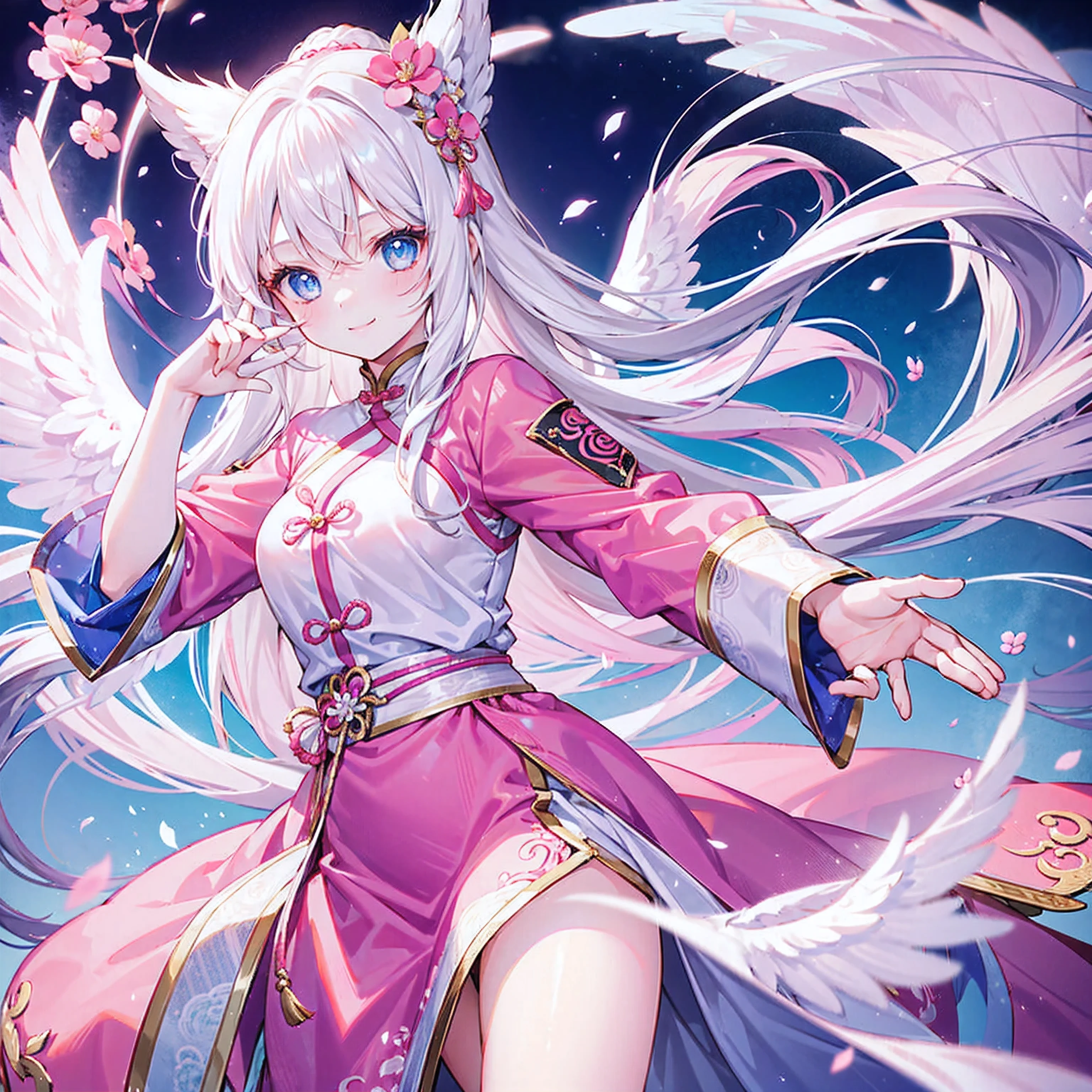 A girl with long white hair and blue eyes、19 years old、Angel wings on the back、Pink china clothes、Kung Fu Pose、Smiling