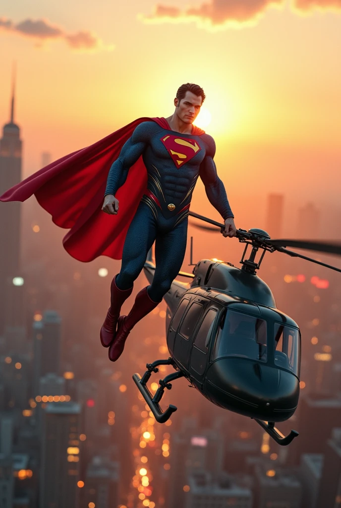 A powerful and iconic scene where Superman is attempting to stop a helicopter mid-flight using his superhuman strength. Superman is hovering in the air, his cape billowing behind him as he grips the landing ???? of the helicopter with one hand. The helicopter strains against Superman’s incredible power, its rotors spinning furiously, creating a strong wind that barely fazes him. The metal of the ???? is bending under Superman’s grip, with sparks flying where his hand meets the helicopter. The background features a sprawling cityscape below, with the sun casting a golden glow on the horizon, highlighting the epic struggle. The image should capture Superman’s indomitable will and the tension of the moment, using vivid, hyper-realistic colors and sharp details to bring the scene to life.