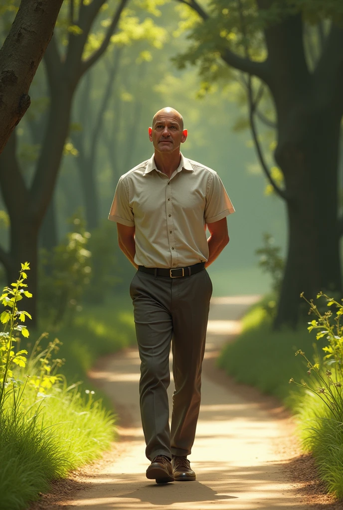 Bald Man, facing right, hands folded behind his back, walking down a path. 