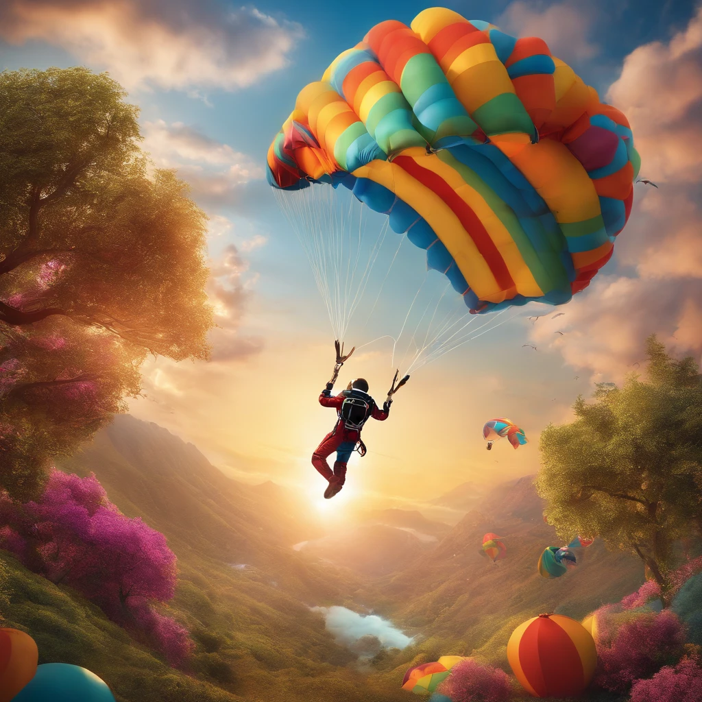 A breathtaking and vibrant conceptual illustration of an impressive acrobatic stunt. Number 900 is depicted as a skydiver,leaping from a plane with a vibrant and colorful parachute. The 3D render showcases the skydiver in mid-air, with the background revealing a stunning and surreal world of bright colors and intricate patterns. The overall effect is eye-catching, conceptual, and full of energy., conceptual art, illustration, vibrant, 3d render, typography