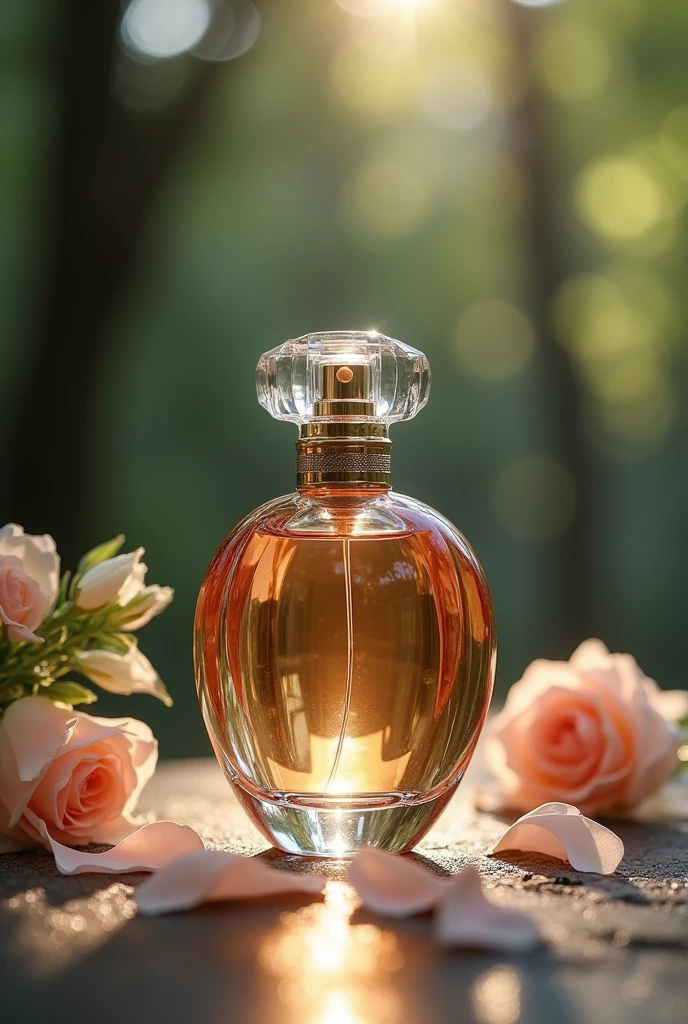 A bottle of perfume, product photography, outdoor scene