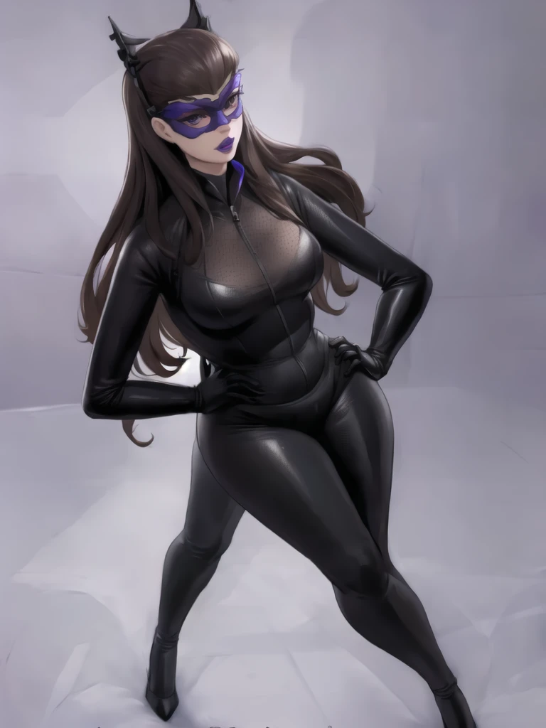 Bowei, catwoman, selina kyle, 1girl, full body, slim body, slim thighs, bodysuit, detail eyes, mask , solo, long hair, lips, black hair, black hair, black bodysuit , looking at viewer, simple background, gloves, black background, mole under mouth, eyeshadow, hands on hips, black bodysuit,leather, latex, purple lips, 8k detailed,