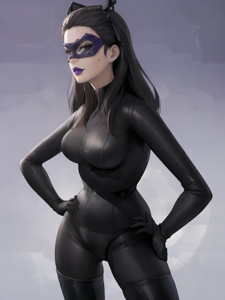 Bowei, catwoman, selina kyle, 1girl, full body, slim body, slim thighs, bodysuit, detail eyes, mask , solo, long hair, lips, black hair, black hair, black bodysuit , looking at viewer, simple background, gloves, black background, mole under mouth, eyeshadow, hands on hips, black bodysuit,leather, latex, purple lips, 8k detailed,