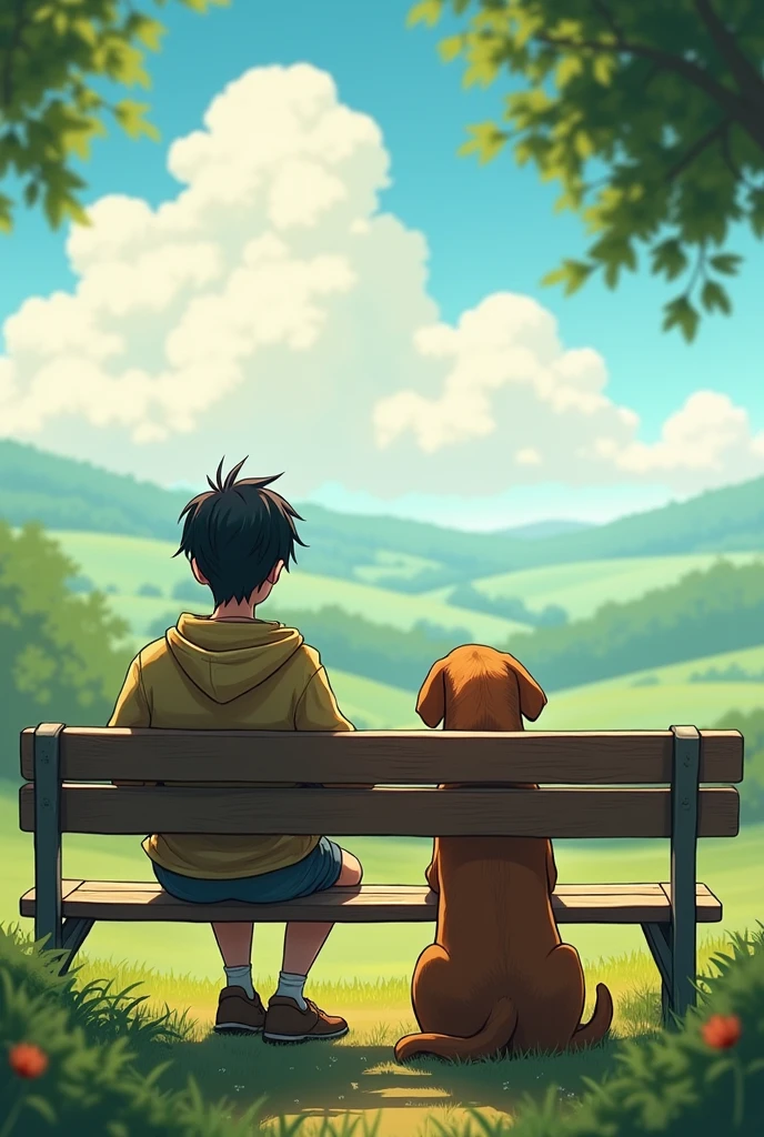 A person sitting on bench with his dog and with a back view with sunny cloudy day 
