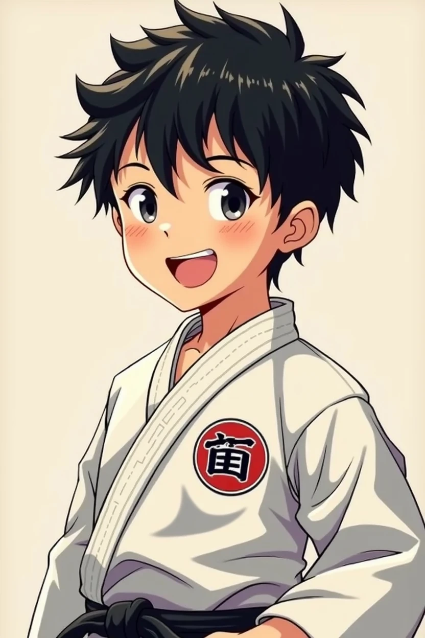 A 10-year-old's karate uniform bears the logo of Kenyukai, a smile on their face., Black Hair, Concentrated line, Ukiyo-e,