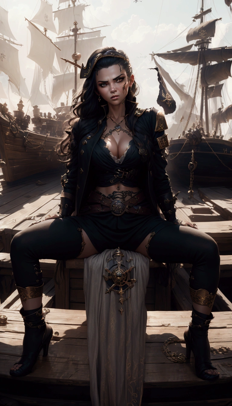 a beautiful pirate woman, elegant pirate captain, intricate detailed pirate outfit, dramatic heavy lighting, intense facial expression, piercing eyes, alluring pose, high quality digital art, cinematic lighting, moody color palette, dramatic shadows, sharp focus, detailed textures, photorealistic, 8k, masterpiece