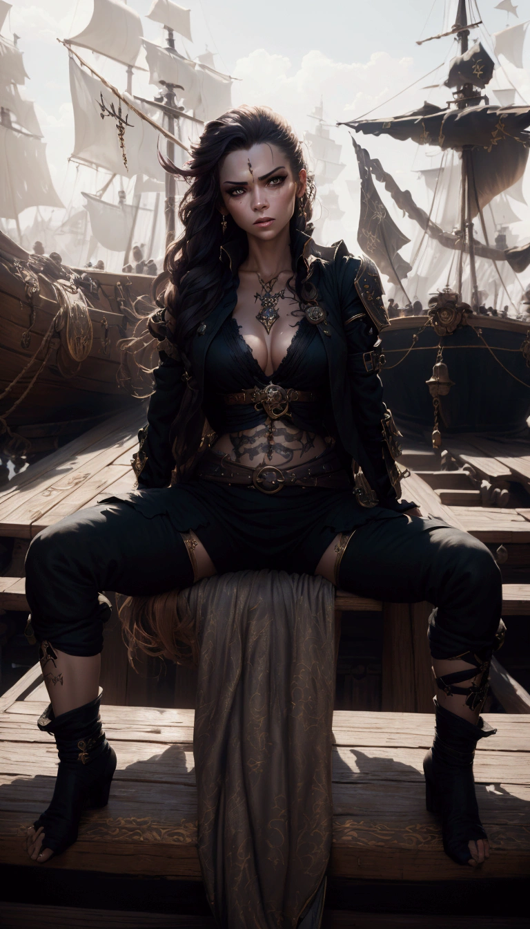 a beautiful pirate woman, elegant pirate captain, intricate detailed pirate outfit, dramatic heavy lighting, intense facial expression, piercing eyes, alluring pose, high quality digital art, cinematic lighting, moody color palette, dramatic shadows, sharp focus, detailed textures, photorealistic, 8k, masterpiece