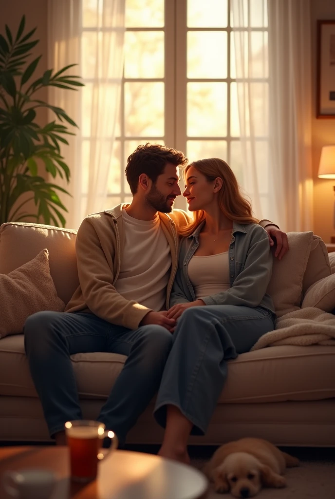 A beautiful couple in comfortable clothes sitting on sofa at home 