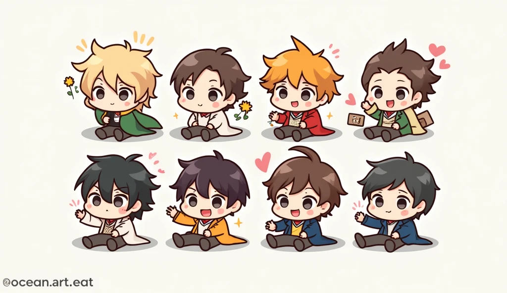 8 boys/((So many boys\(Seamless\):1.5), chibi, cute, kaw eat i, big eyes, various expressions, various clothes, various h eat r, (flat Colors: 1.3), bright colors, punch\(top right corner to bottom left corner\)/), isometric view, (cute text says "rush! New update@oceanart.eat!":1.4)