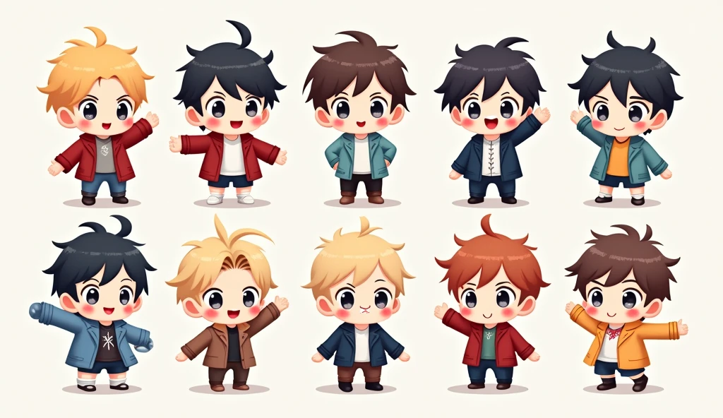 8 boys/((So many boys\(Seamless\):1.5), chibi, cute, kaw eat i, big eyes, various expressions, various clothes, various h eat r, (flat Colors: 1.3), bright colors, punch\(top right corner to bottom left corner\)/), isometric view, (cute text says "rush! New update@oceanart.eat!":1.4)
