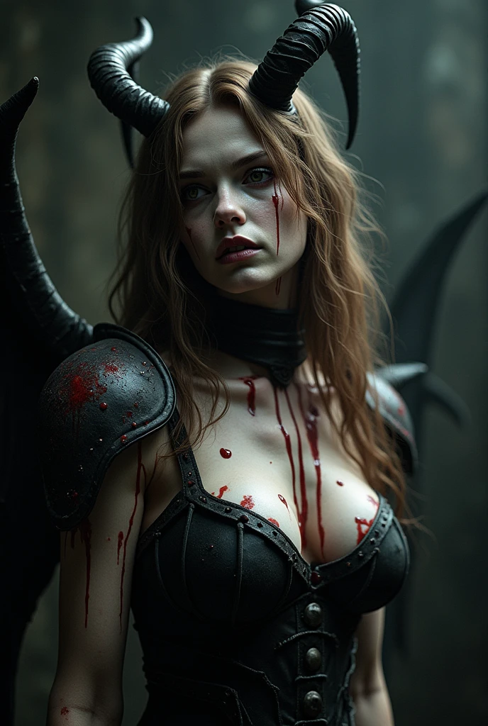 long light brown hair, (full body portrait:1.3), psychopath horned demoness with blood flowing over her dark metal armor, scary, Eerie, unsettling, dark, hyperdetailed photography, best quality, photo, 8k uhd, high quality, Sharp focus, High Detail, masterwork, dramatic, snow white skin, dynamic, dramatic, sensual, dynamic pose, highly detailed skin with hair, subcutaneous veins, light and shadow play, highly detailed,24mm photograph, film, bokeh, professional, 4k,