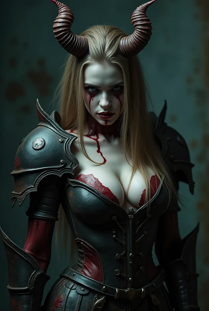 long light brown hair, (full body portrait:1.3), psychopath horned demoness with blood flowing over her dark metal armor, scary, Eerie, unsettling, dark, hyperdetailed photography, best quality, photo, 8k uhd, high quality, Sharp focus, High Detail, masterwork, dramatic, snow white skin, dynamic, dramatic, sensual, dynamic pose, highly detailed skin with hair, subcutaneous veins, light and shadow play, highly detailed,24mm photograph, film, bokeh, professional, 4k,