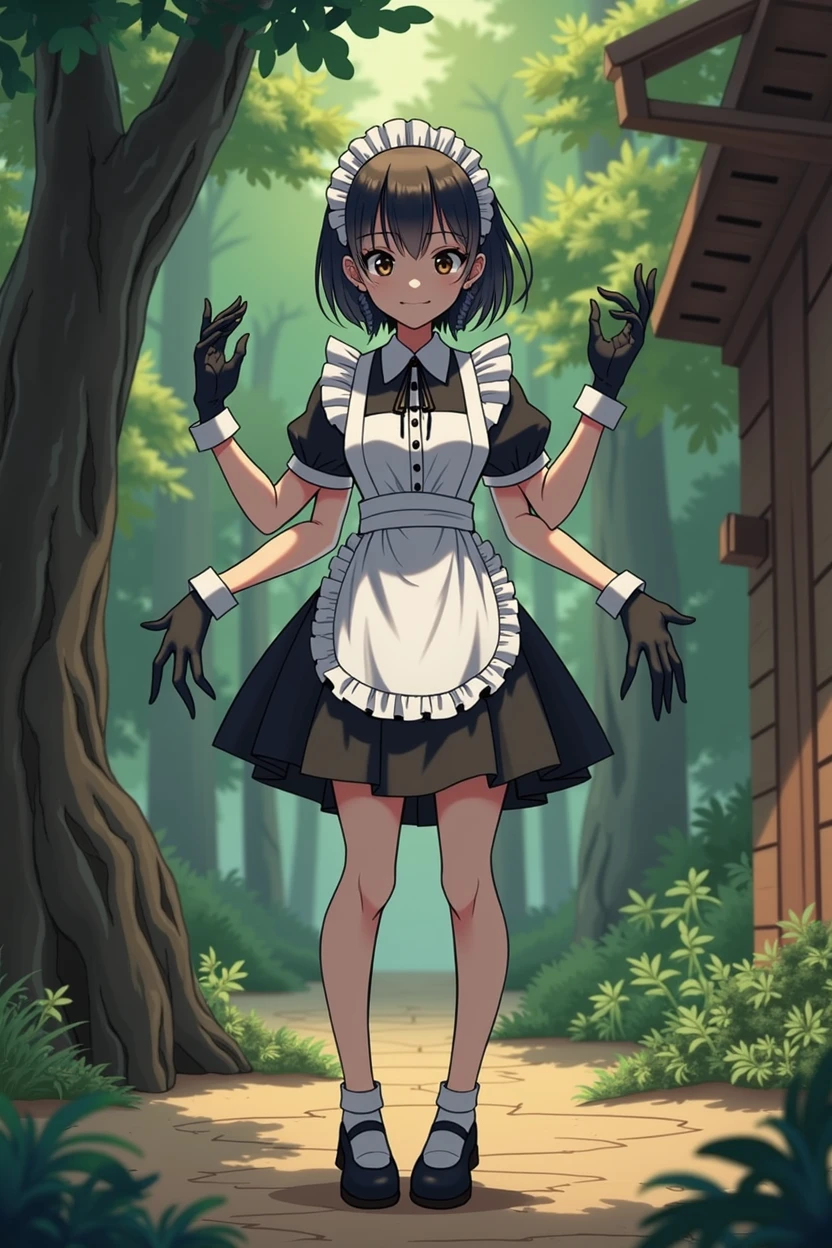 anime girl(Drawing style:"Skull girls"),short black hair,traditional maid outfit,three pairs of arms(the first pair being the normal arms,the second pair being by the ribs and the third pair a little above the hip),eyes dulled by black color,friendly smile,black gloves on each hand(in her 6 hands),normal breasts,hips a little wide,moderate backside.[localization:wooden cabin in the woods]