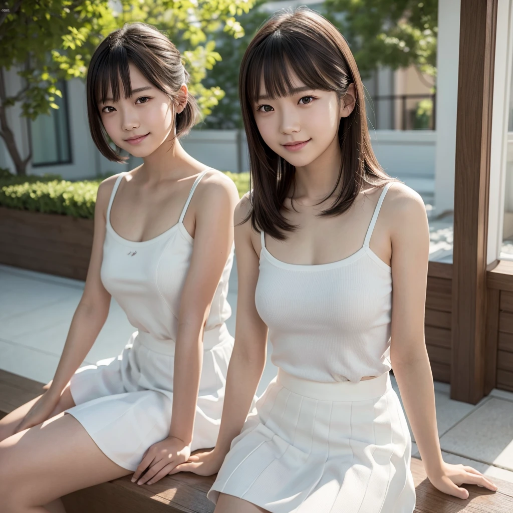 Two girls standing in front of a school classroom,White oversized dress,White panties、bangs,smile,Short hair with low pigtails,from before,Front light,((、thin、delicate、Sexy collarbones and flat chest、I&#39;m extremely skinny、Her very small breasts are completely soaked、Her clothes are wet and her breasts are visible through them.、A large amount of  is dripping from the body.