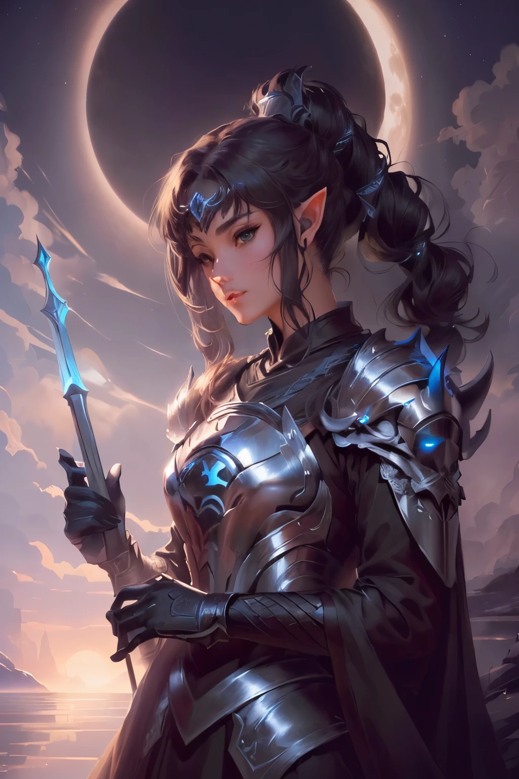 One is wearing armor、a woman holding a spear stands before the full moon, epic Fantasy art style, Elf Princess Knight, Extremely detailed Artgerm, alluring 黑发Elf Princess Knight, Fantasy art style, Portrait of the Knights of the Zodiac, dnd fantasy art, Fantasy style anime, Epic RPG portrait, Gorgeous female paladin, Beautiful female knight, A girl in black-grey armor
