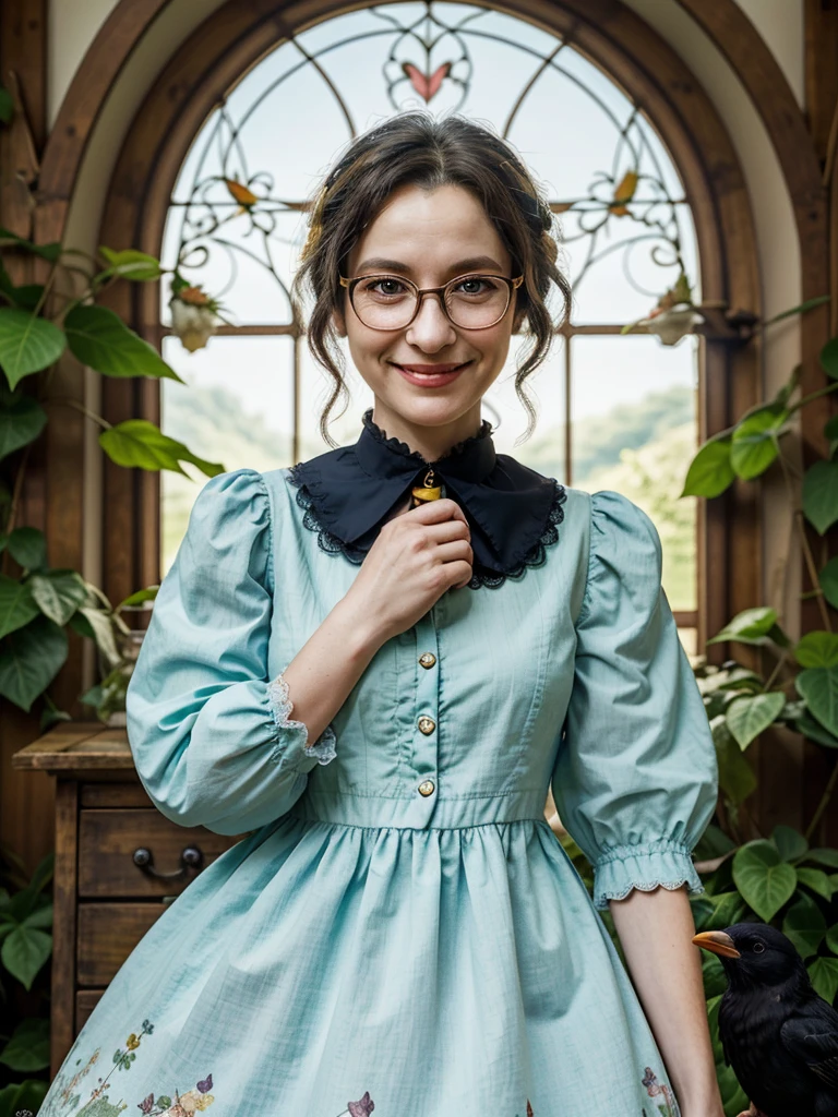 A high-quality illustration for a fairy tale featuring a kind, anthropomorphic crow wearing glasses and a charming dress. The crow should resemble a gentle grandmother, with a warm smile and a nurturing demeanor. The background should be whimsical and enchanting, complementing the character's friendly nature.