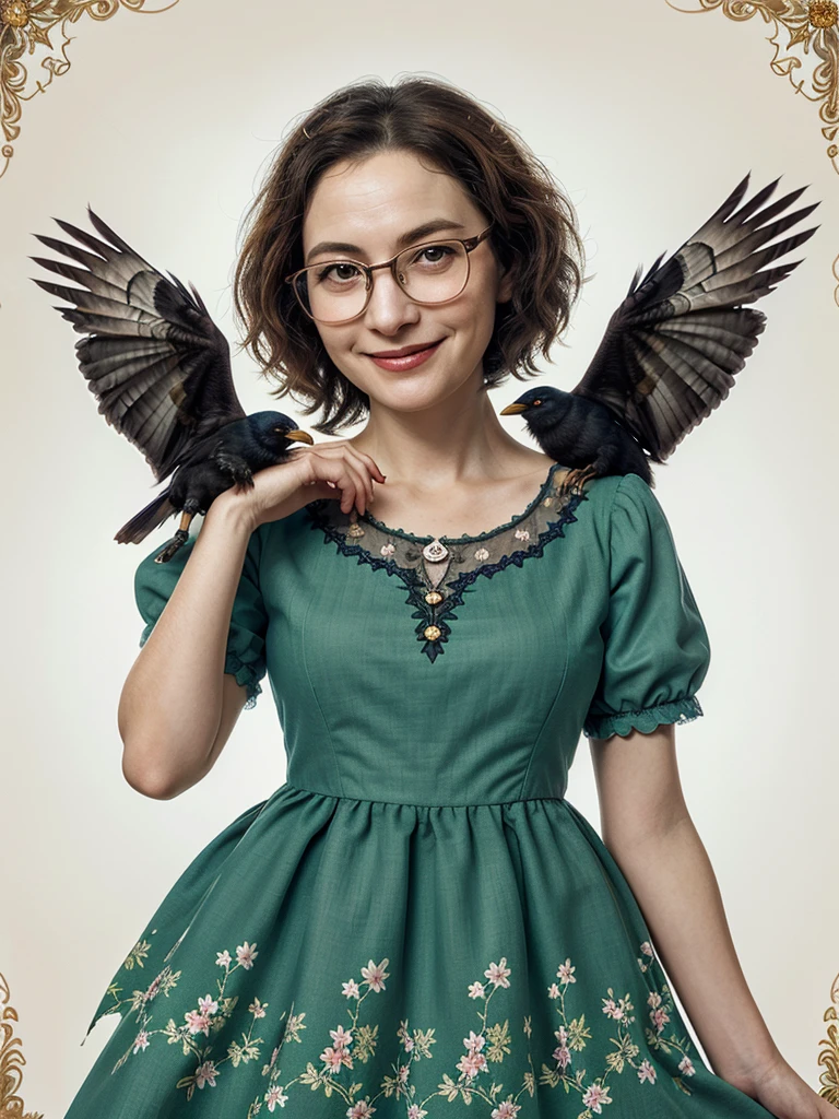 A high-quality illustration for a fairy tale featuring a kind, anthropomorphic crow wearing glasses and a charming dress. The crow should resemble a gentle grandmother, with a warm smile and a nurturing demeanor. The background should be whimsical and enchanting, complementing the character's friendly nature.
