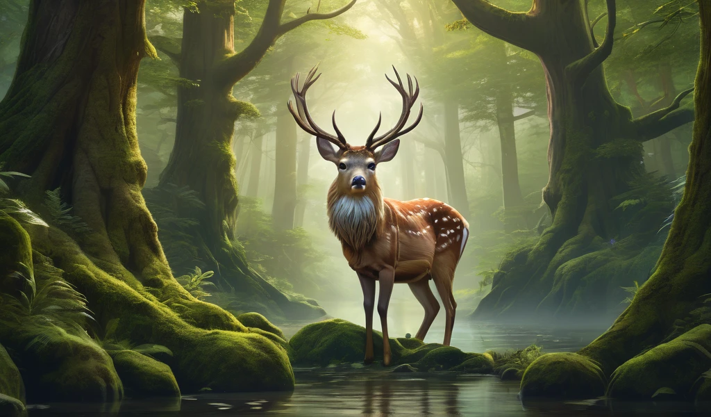 there is a deer standing in the middle of a forest, realistic fantasy render, realistic fantasy illustration, anthropomorphic deer, an anthropomorphic deer, hd art, beautiful digital artwork, beautiful digital painting, 8k high quality detailed art, 4k highly detailed digital art, amazing depth, portrait of forest gog, digital painting highly detailed