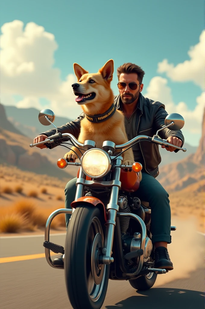 5k image with a man riding a motorcycle and a medium-sized yellow dog that says MR.Morgan