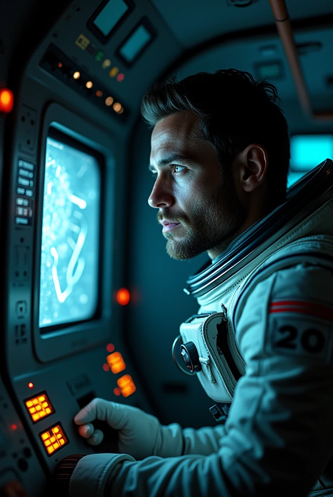 The monitor screen inside the astronaut's cockpit shows a mysterious signal., with the intensifying beeping sound adding to the tense atmosphere