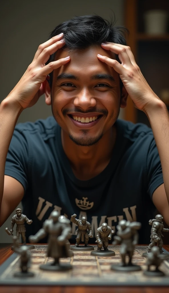 photorealistic, best quality, masterpiece, extremely detailed, front view, extremely handsome, 30 year old indonesian man, round face, muscular build, no facial hair, wearing warhammer tshirt, laughing, throws dice, hands on head, warhammer miniatures mid-game on the table, extremely romantic atmosphere, perfect face, perfect fingers, perfect hands, perfection