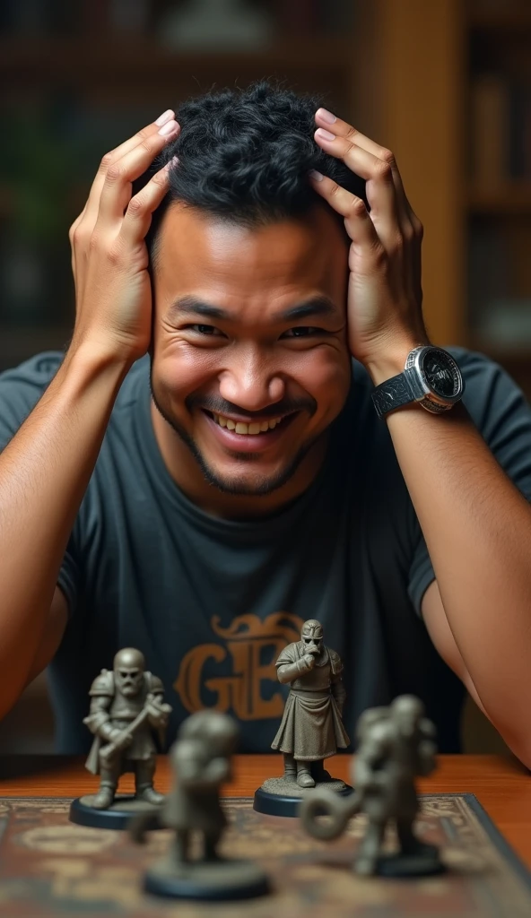 photorealistic, best quality, masterpiece, extremely detailed, front view, extremely handsome, 30 year old indonesian man, round face, muscular build, no facial hair, wearing warhammer tshirt, laughing, throws dice, hands on head, warhammer miniatures mid-game on the table, extremely romantic atmosphere, perfect face, perfect fingers, perfect hands, perfection