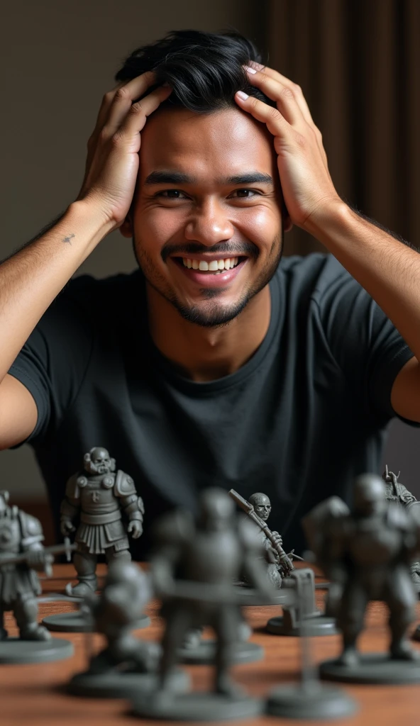 photorealistic, best quality, masterpiece, extremely detailed, front view, extremely handsome, 30 year old indonesian man, round face, muscular build, no facial hair, wearing warhammer tshirt, laughing, throws dice, hands on head, warhammer miniatures mid-game on the table, extremely romantic atmosphere, perfect face, perfect fingers, perfect hands, perfection